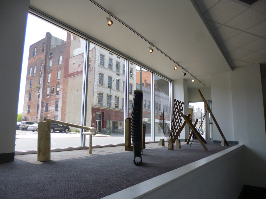 Installation view of works from inside the space.