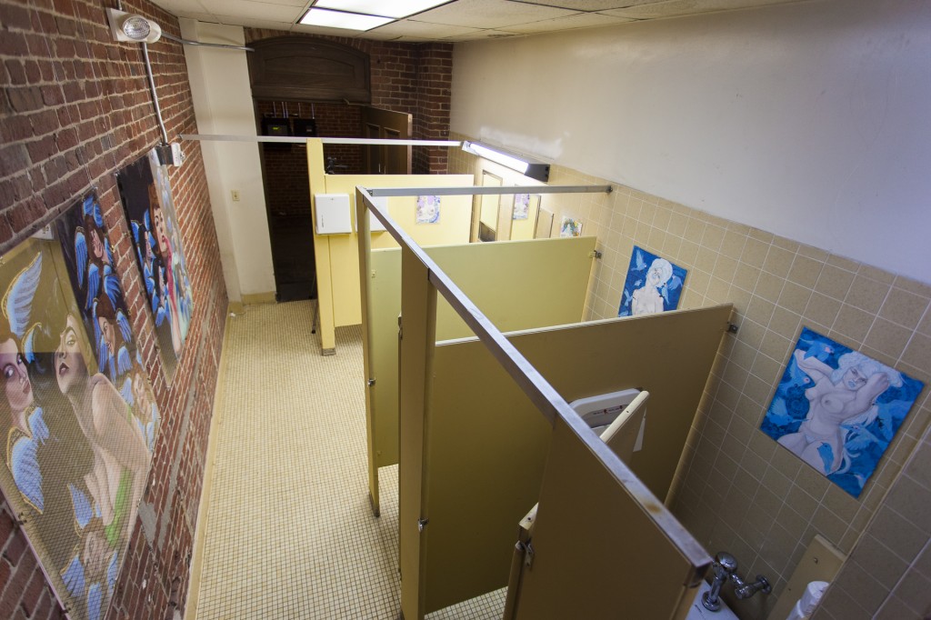 Exploring the Other, drawings by Karen Thomas, site the men's bathroom at the Old Mint. Photo documentation by Mido Lee. 